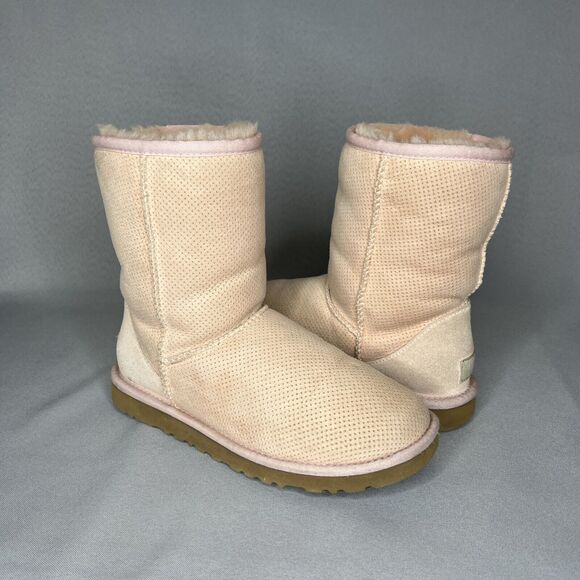 UGG Shoes - Womens UGG Boots Light Pink Tan Classic Short Perforated Suede Wool Boho Sz 6